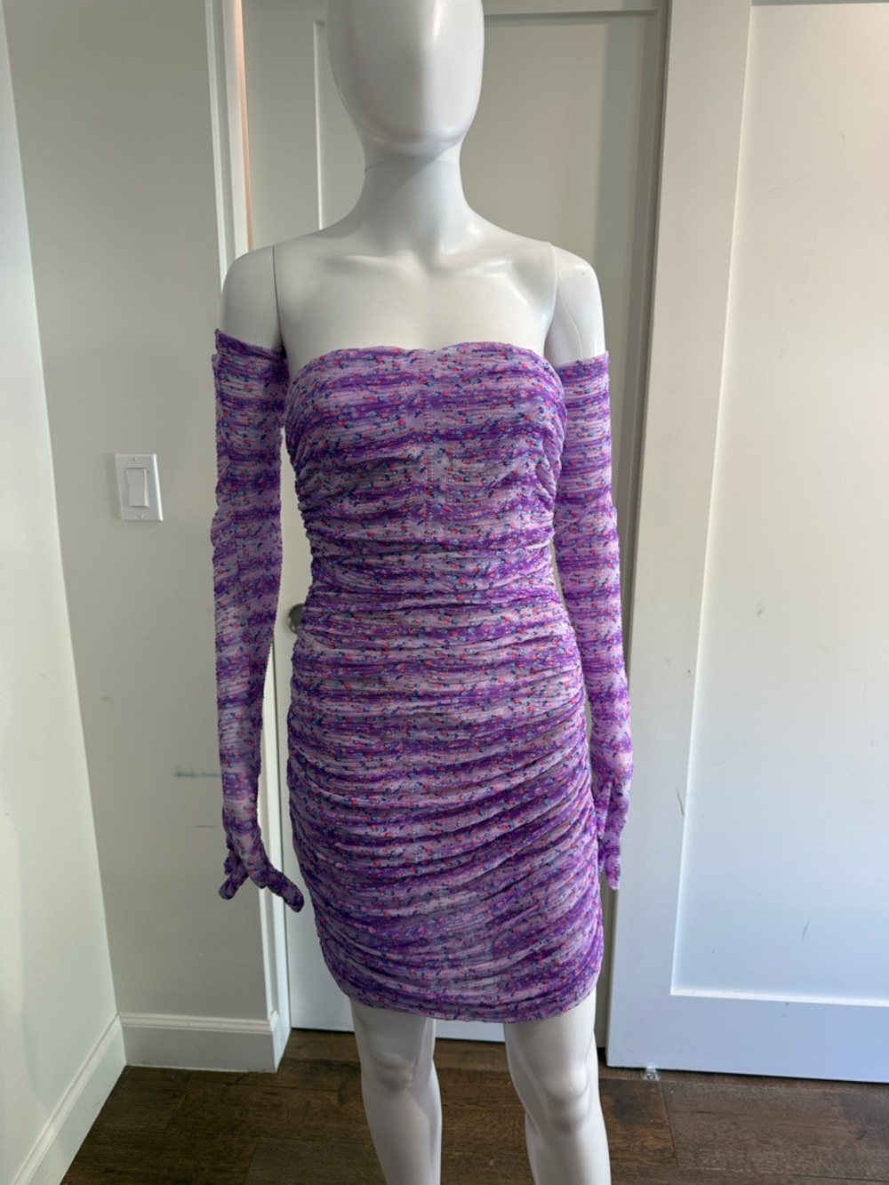 Miscreants Lavender Ruched Strapless with Matching Gloves Mini Dress